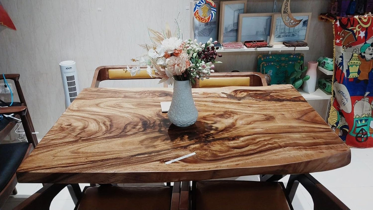 Limited time sale on the Large Live Edge Wood Solid Dining Table - Saman Wood with PU Finish, Black Metal Legs - Ideal for Home or Restaurant