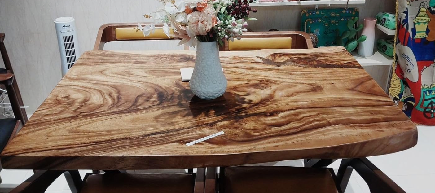 Discounted Price Dining set, Live Edge Wood Solid Dining Table - Saman Wood with PU Finish, Black Metal Legs - and Katakana chairs, Ideal for Home or Restaurant. Medium size with 4 chairs and Large Size with 6 chairs