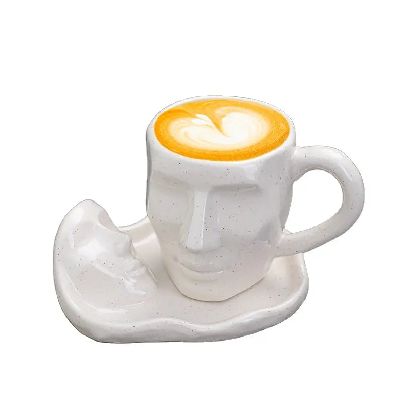 3D Face Sculpture Ceramic Coffee Cup Saucer Creative Handmade Cup.