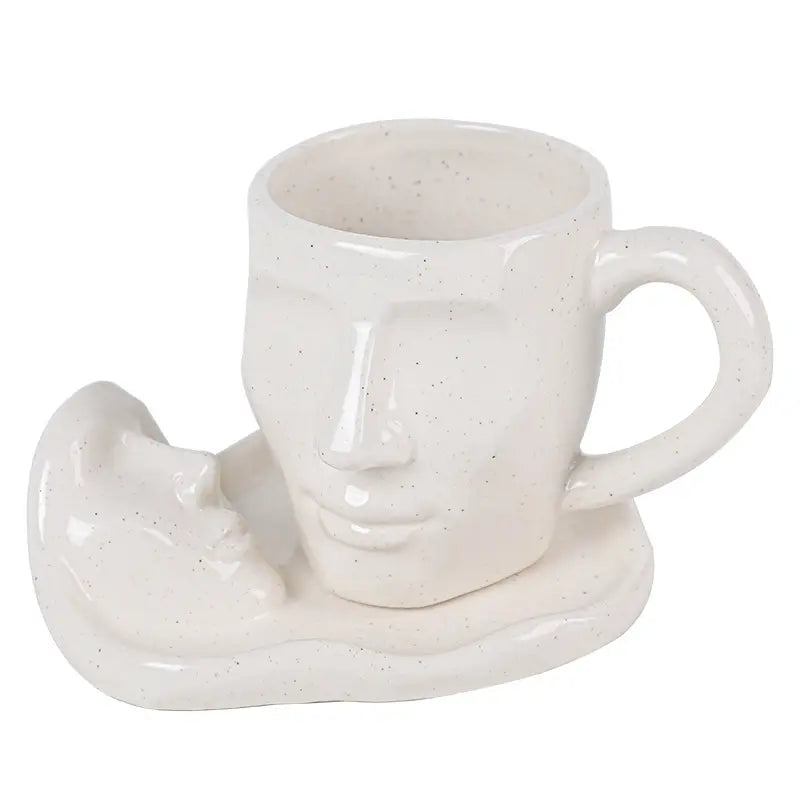 3D Face Sculpture Ceramic Coffee Cup Saucer Creative Handmade Cup.