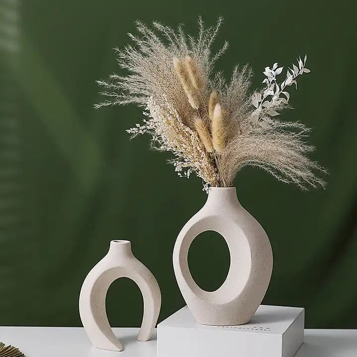 Set of ceramic vases, a perfect match for displaying natural dried pampas grass and flowers in a Nordic-inspired modern home decor style.