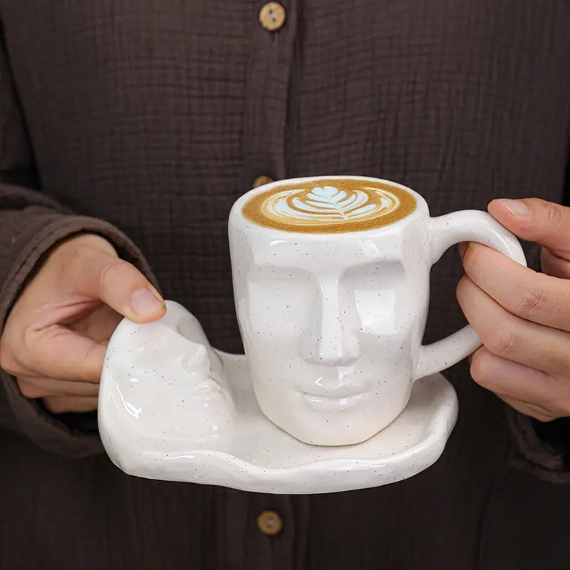 3D Face Sculpture Ceramic Coffee Cup Saucer Creative Handmade Cup.