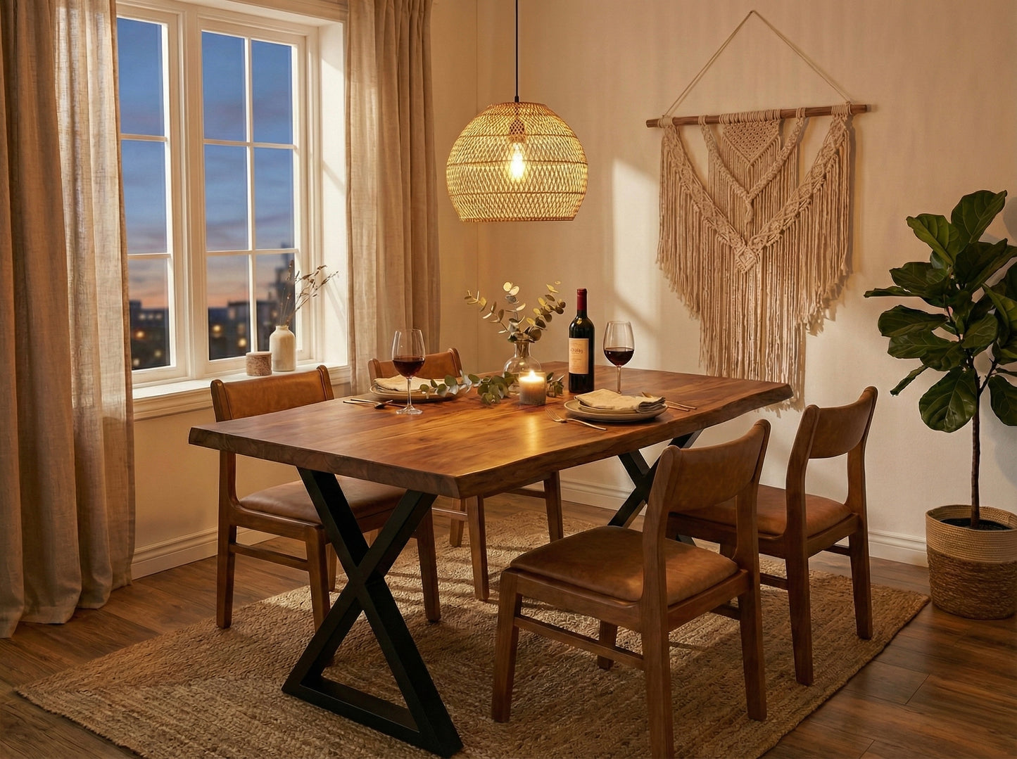 طاولة طعام كبيرة من الخشب الصلب بحافة حية - خشب سامان مع لمسة نهائية من البولي يوريثين، أرجل معدنية سوداء - مثالية للمنزل أو المطعم