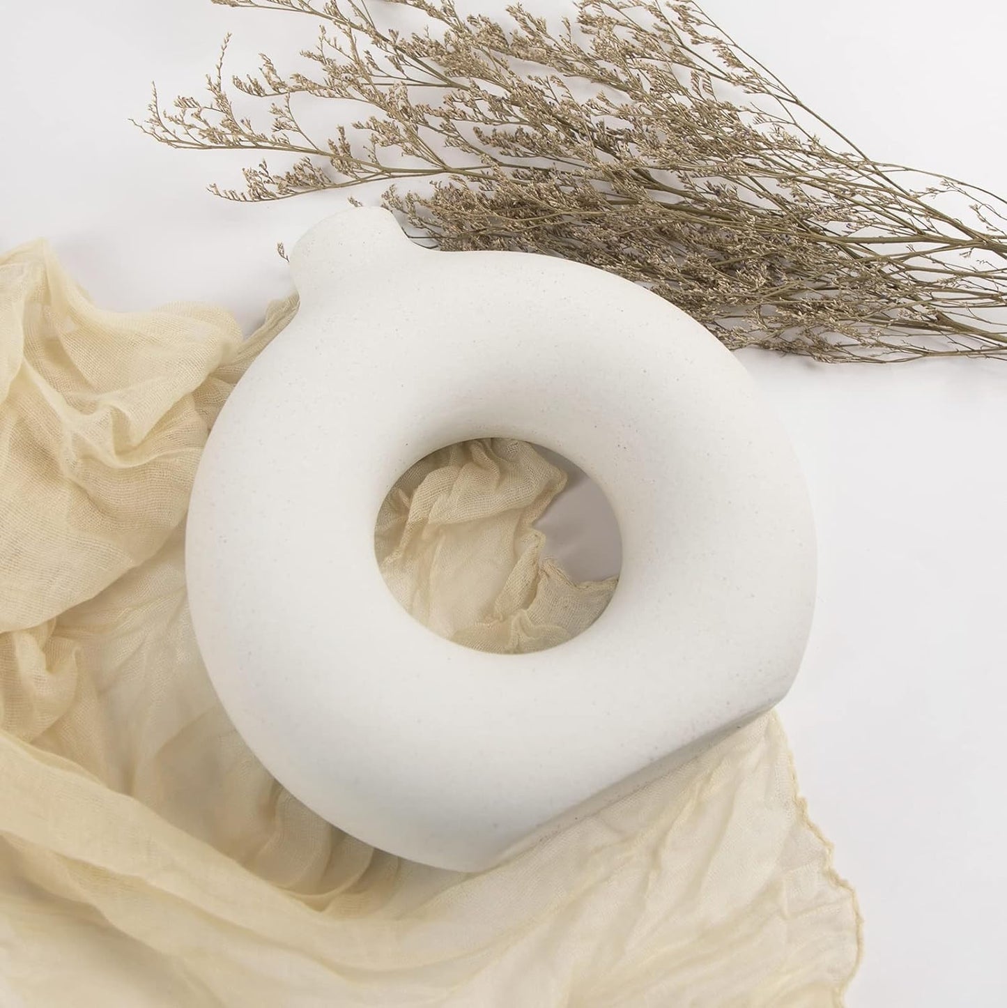 White Circular Ceramic Vase Stylish Table Centerpiece for Home Decor.