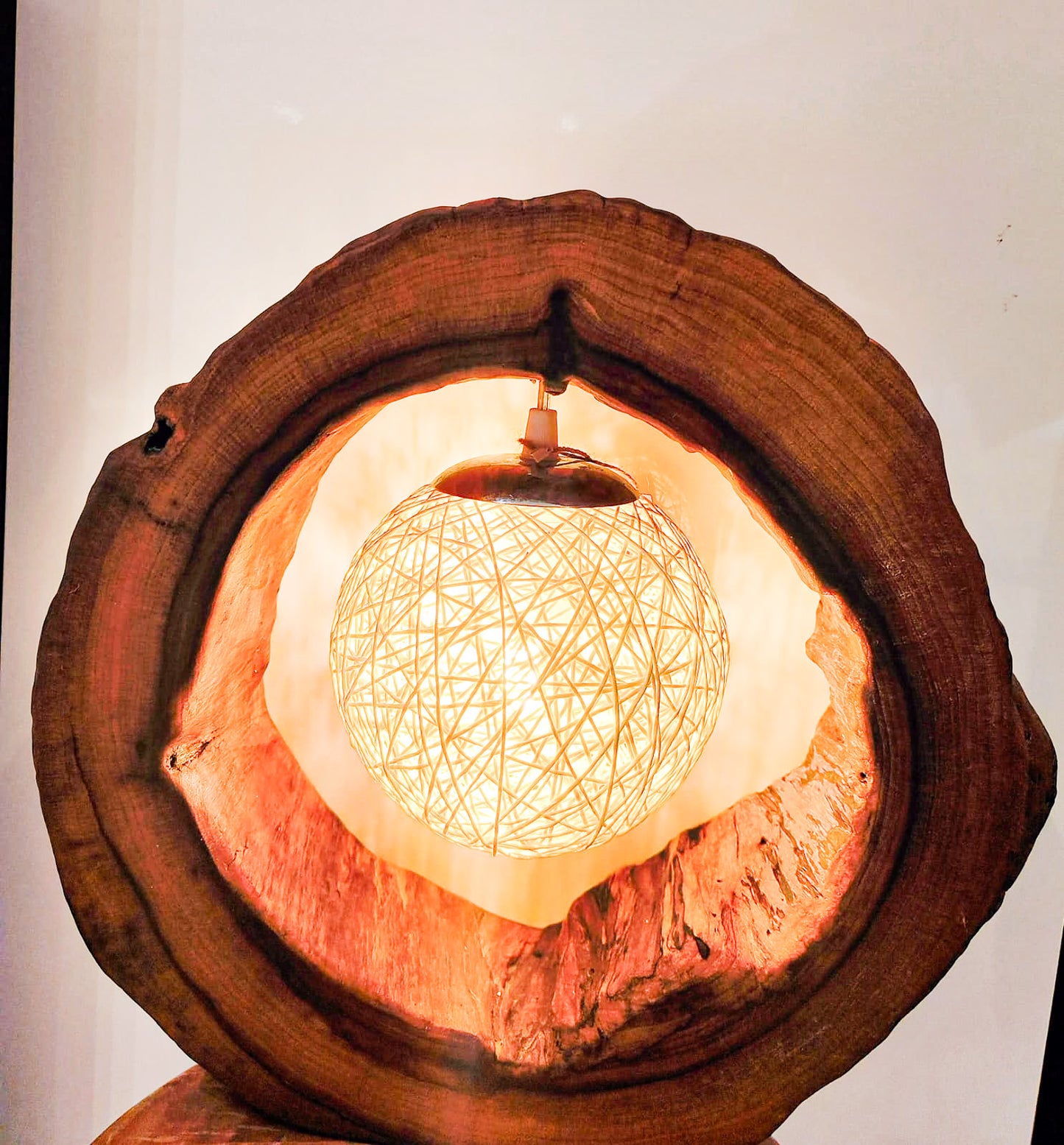 Radiate Warmth and Style: Rustic Camphor Wood Lamp with Flickering Fire Effect LED.