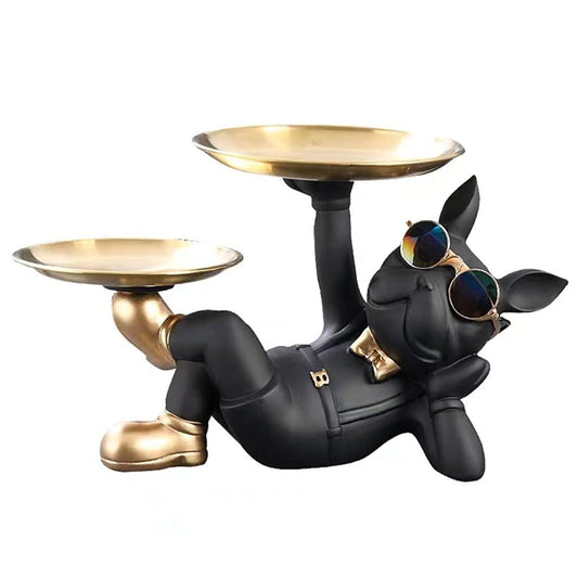 Modern French Bulldog Statue double tray resin decoration for home.