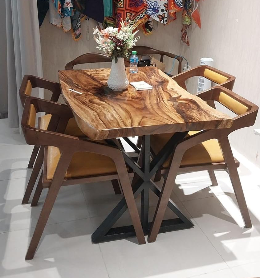 Discounted Price Dining set, Live Edge Wood Solid Dining Table - Saman Wood with PU Finish, Black Metal Legs - and Katakana chairs,  Ideal for Home or Restaurant. Medium size with 4 chairs and Large Size with 6 chairs