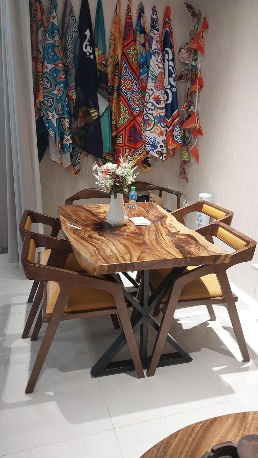 Large Live Edge Wood Solid Dining Table - Saman Wood with PU Finish, Black Metal Legs - Ideal for Home or Restaurant