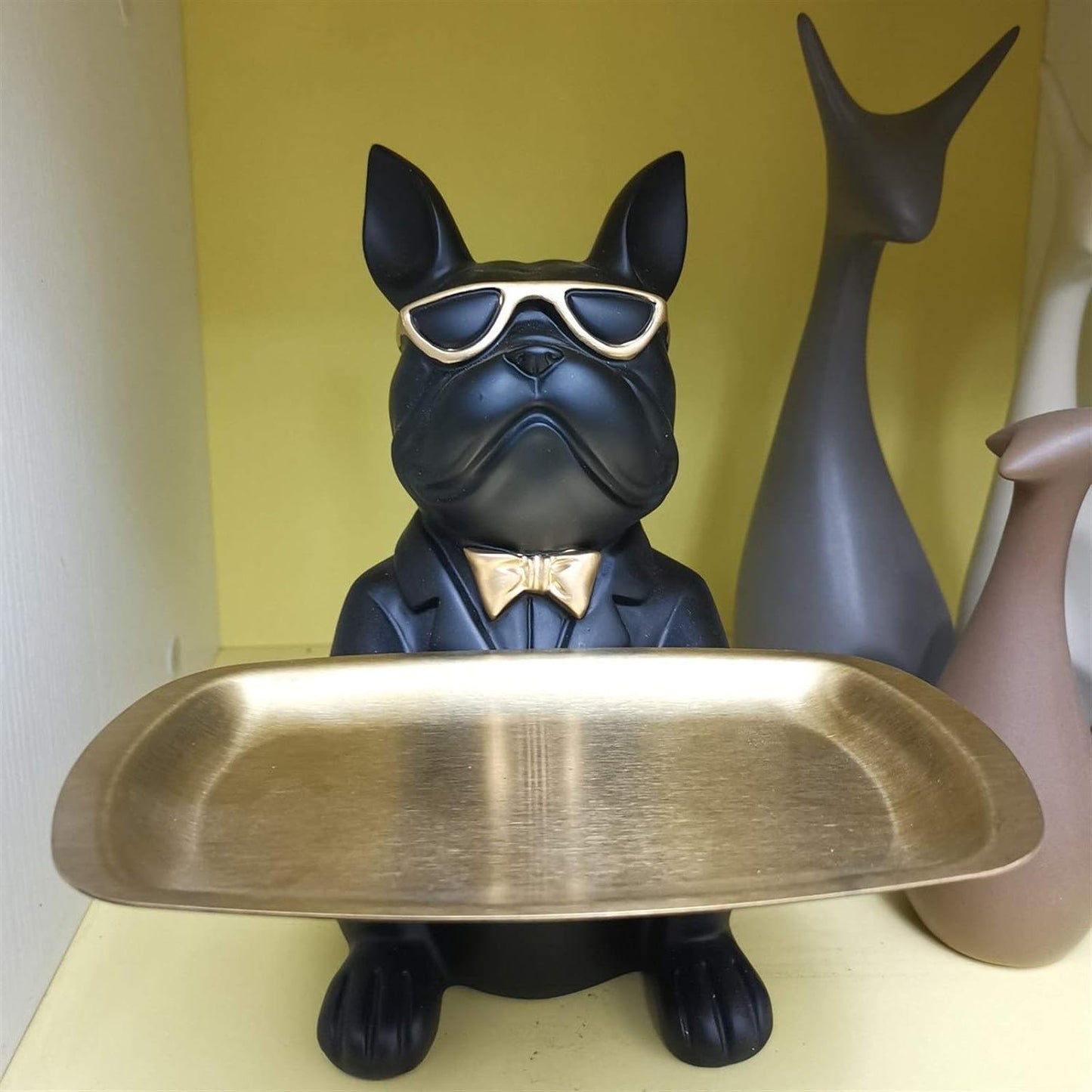 French Bulldog Sculpture with Stainless Steel Tray for Home Storage