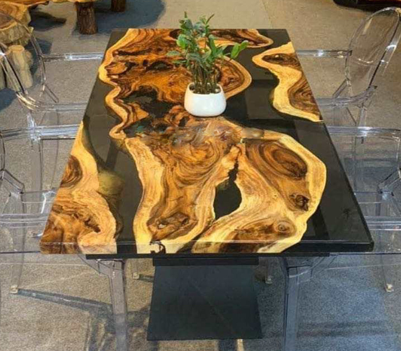 Premium Live Edge Solid Wood Dining Table Top Enhanced by Epoxy Resin black river Finish.