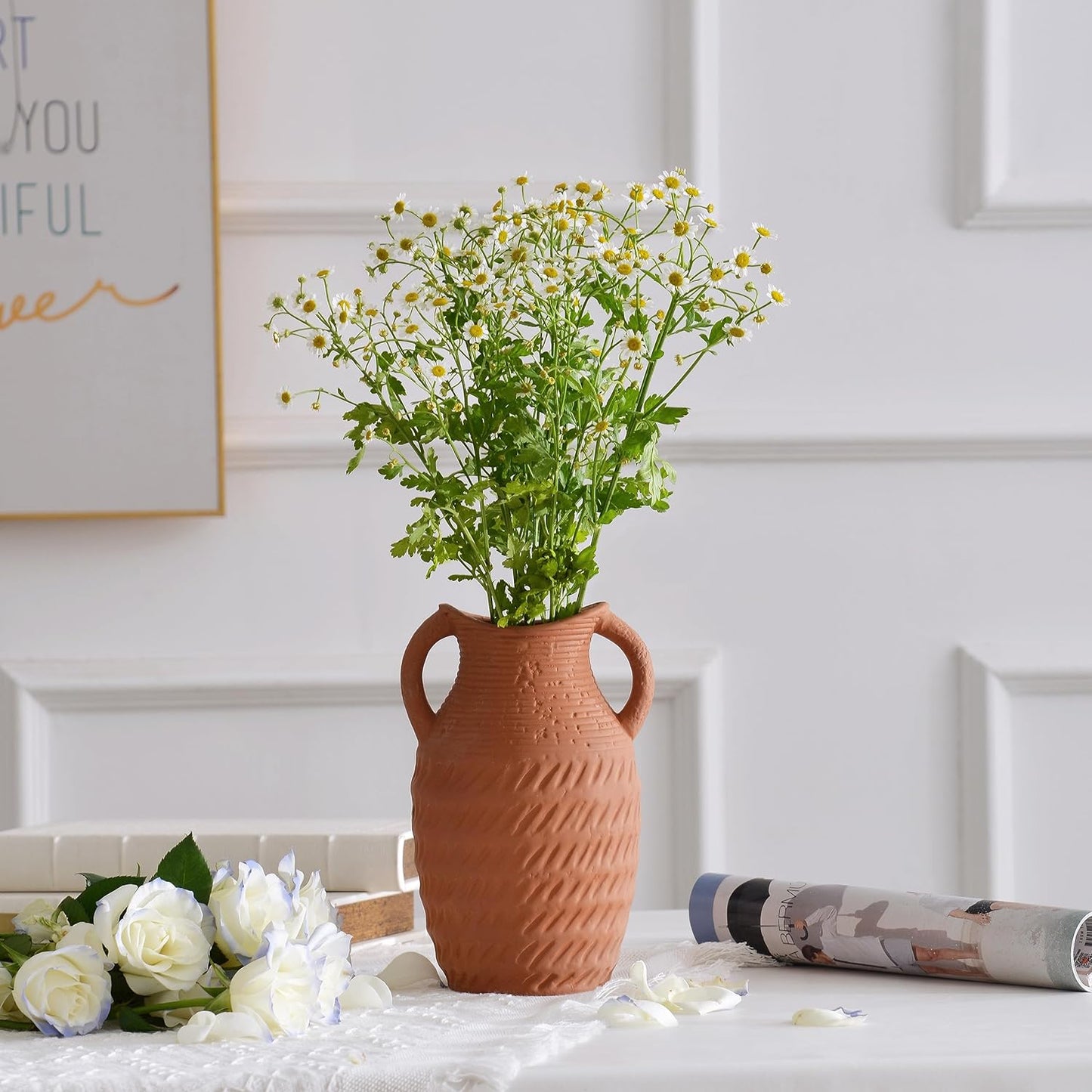 Ceramic Vase for Decorating with Flowers , Handmade Terracotta Pottery Jar Decoration.