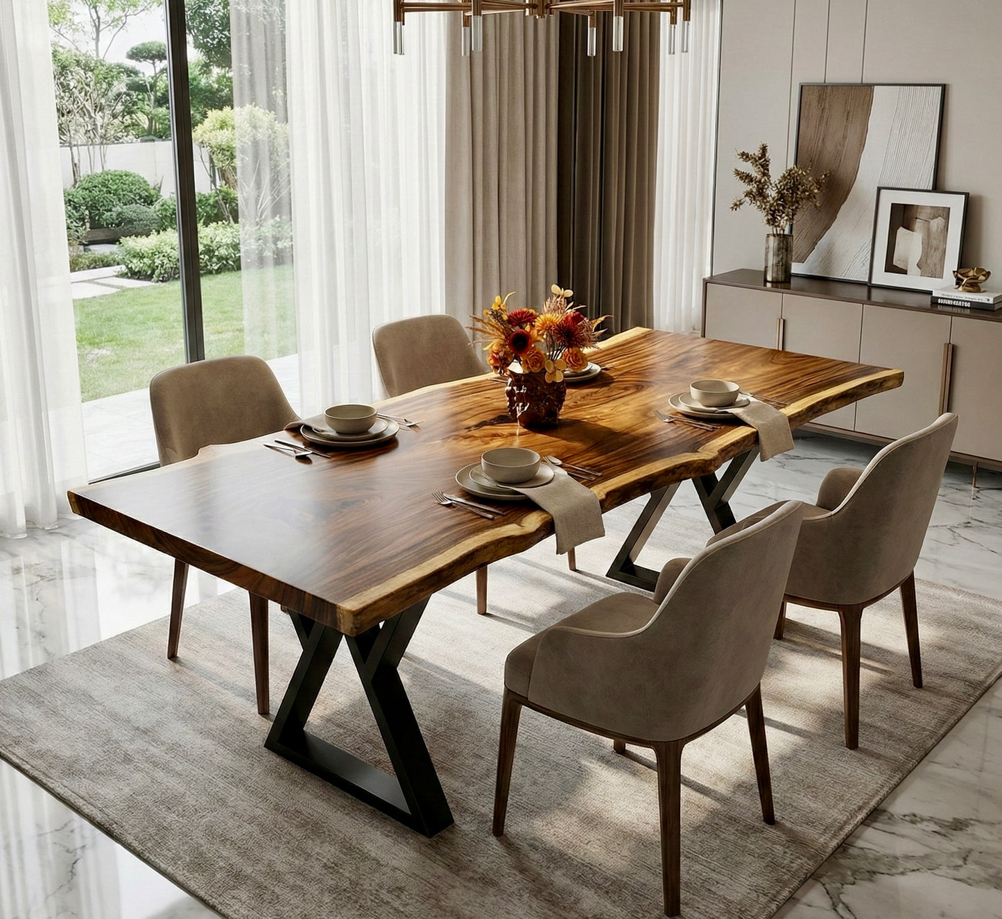 طاولة من الخشب الصلب ذات حافة حية غريبة مع أرجل معدنية مثالية للديكور المنزلي.