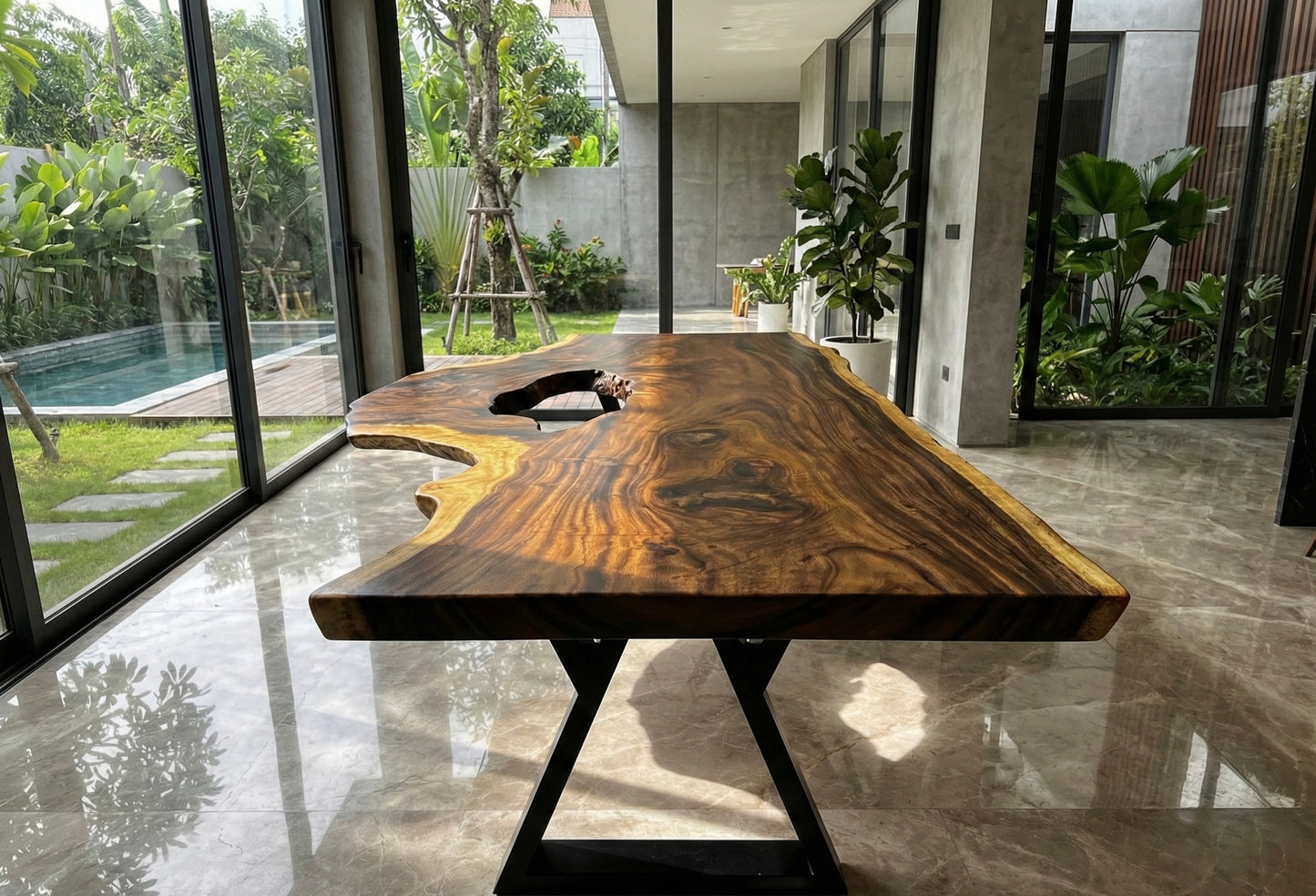 طاولة من الخشب الصلب ذات حافة حية غريبة مع أرجل معدنية مثالية للديكور المنزلي.