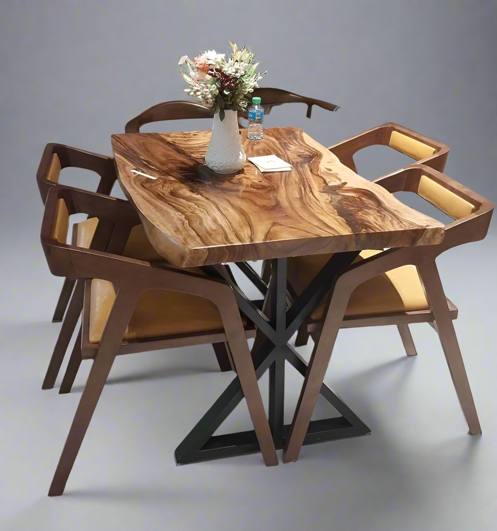 Discounted Price Dining set, Live Edge Wood Solid Dining Table - Saman Wood with PU Finish, Black Metal Legs - and Katakana chairs,  Ideal for Home or Restaurant. Medium size with 4 chairs and Large Size with 6 chairs