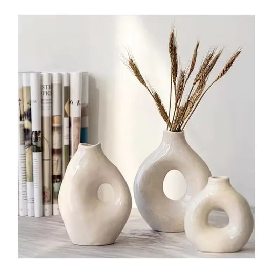 New Design Nordic white decorative  round circle pottery Minimalism ceramic vase donuts