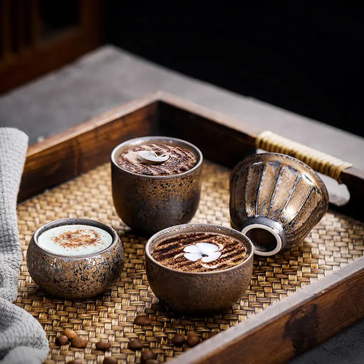 Set of 4 Japanese Retro Pottery Tea Cup with Custom Ceramic Retro Iron Glaze.