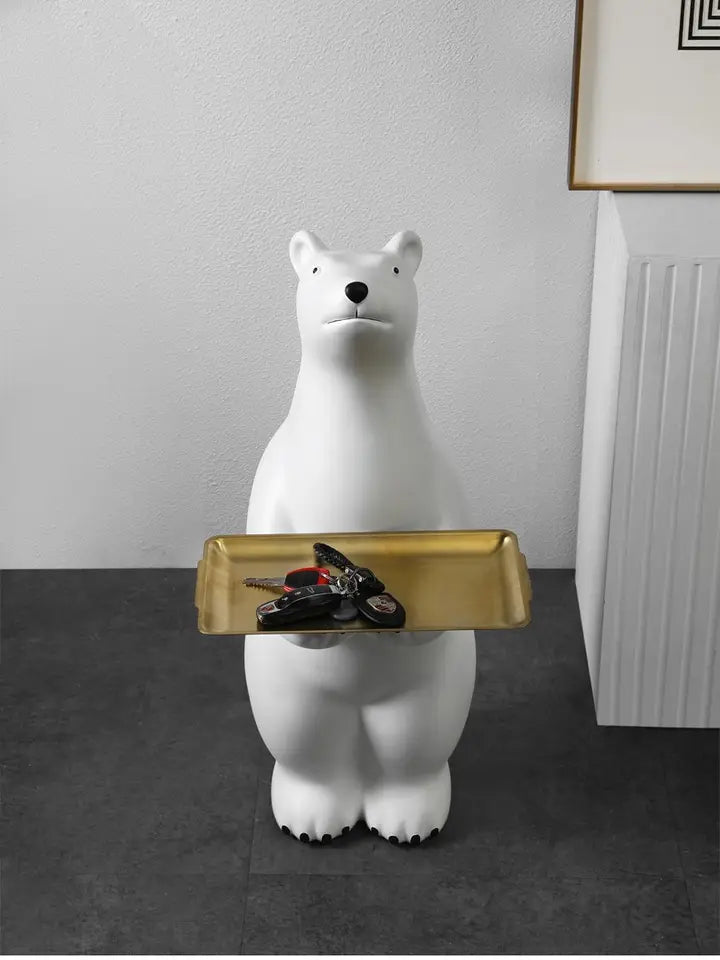 Polar Bear Sculpture Resin Figurine with Metal Tray for Stylish Home and Office Decor.