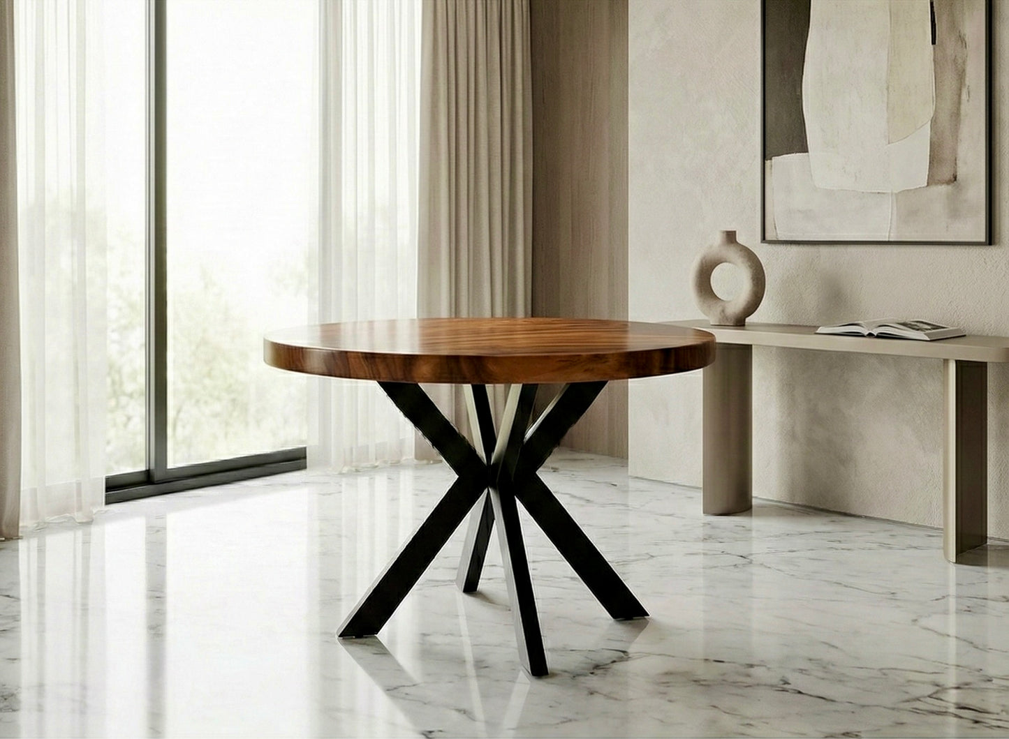 طاولة طعام خشبية صلبة من خشب الجوز/السامان ذات حافة حية مع أرجل معدنية: ارتقِ بجماليات غرفتك بأثاث أنيق على الطراز الريفي