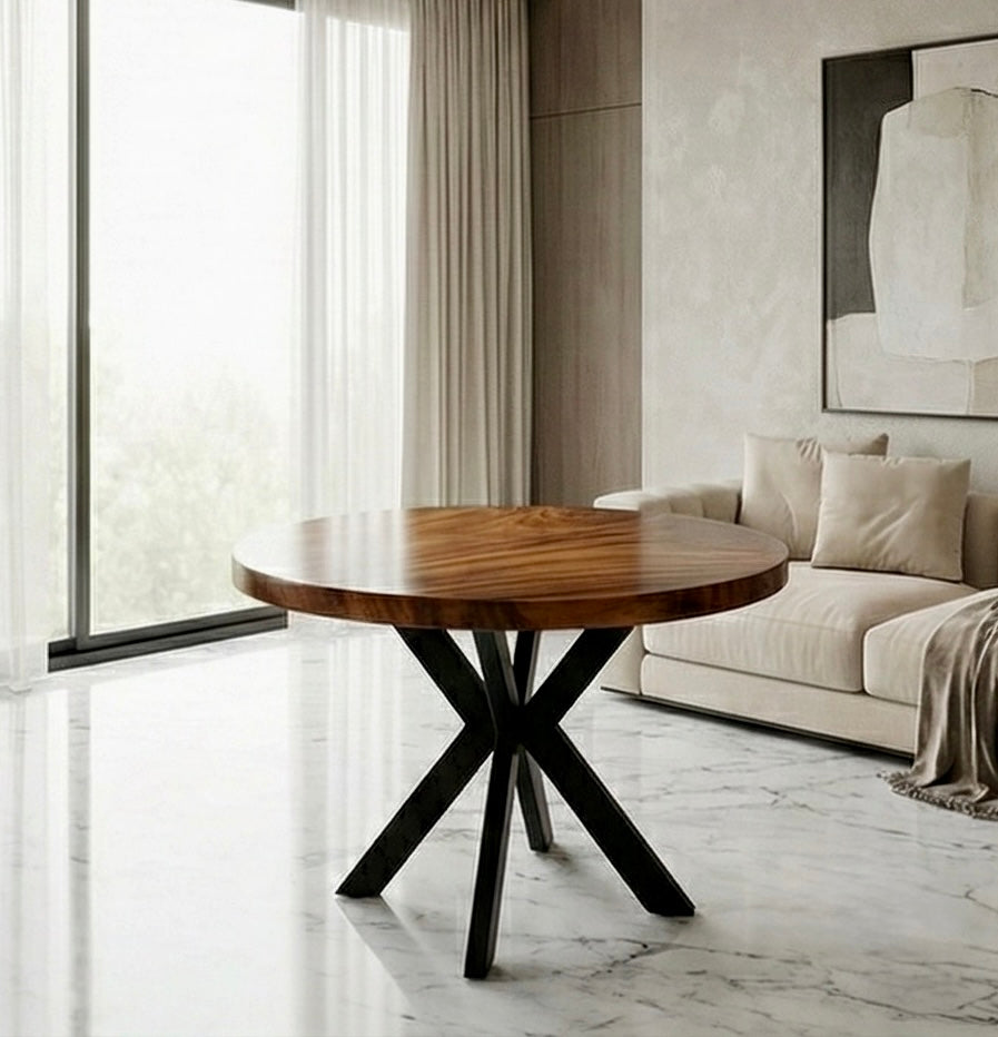 طاولة طعام خشبية صلبة من خشب الجوز/السامان ذات حافة حية مع أرجل معدنية: ارتقِ بجماليات غرفتك بأثاث أنيق على الطراز الريفي