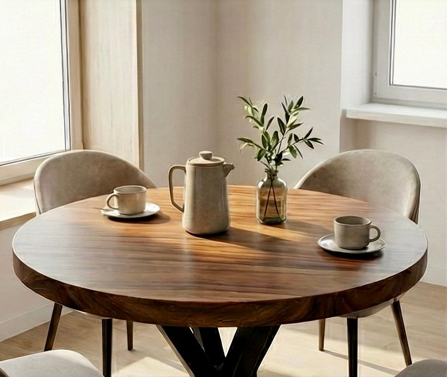 طاولة طعام خشبية صلبة من خشب الجوز/السامان ذات حافة حية مع أرجل معدنية: ارتقِ بجماليات غرفتك بأثاث أنيق على الطراز الريفي