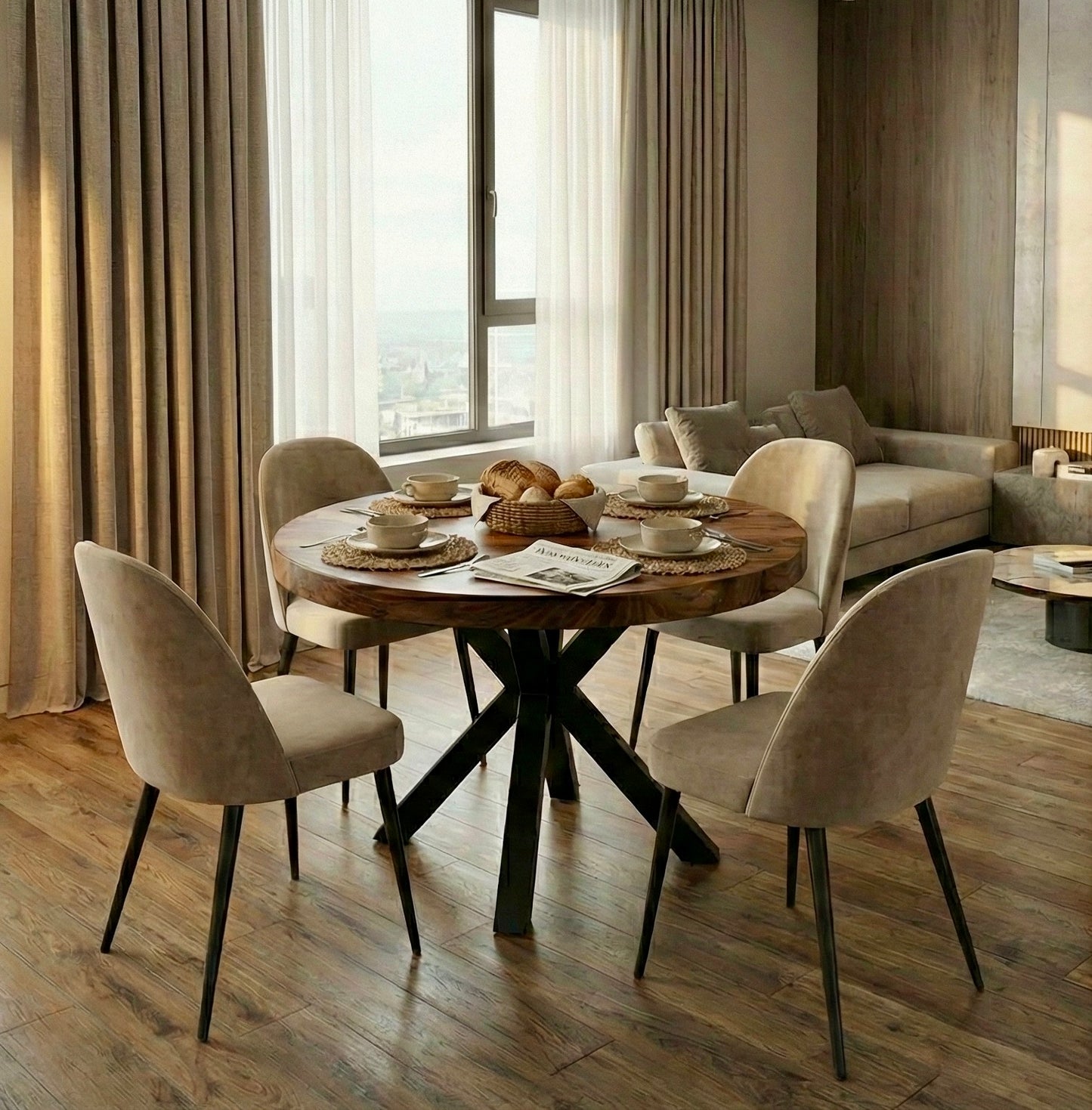 طاولة طعام خشبية صلبة من خشب الجوز/السامان ذات حافة حية مع أرجل معدنية: ارتقِ بجماليات غرفتك بأثاث أنيق على الطراز الريفي