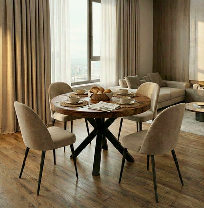 طاولة طعام خشبية صلبة من خشب الجوز/السامان ذات حافة حية مع أرجل معدنية: ارتقِ بجماليات غرفتك بأثاث أنيق على الطراز الريفي