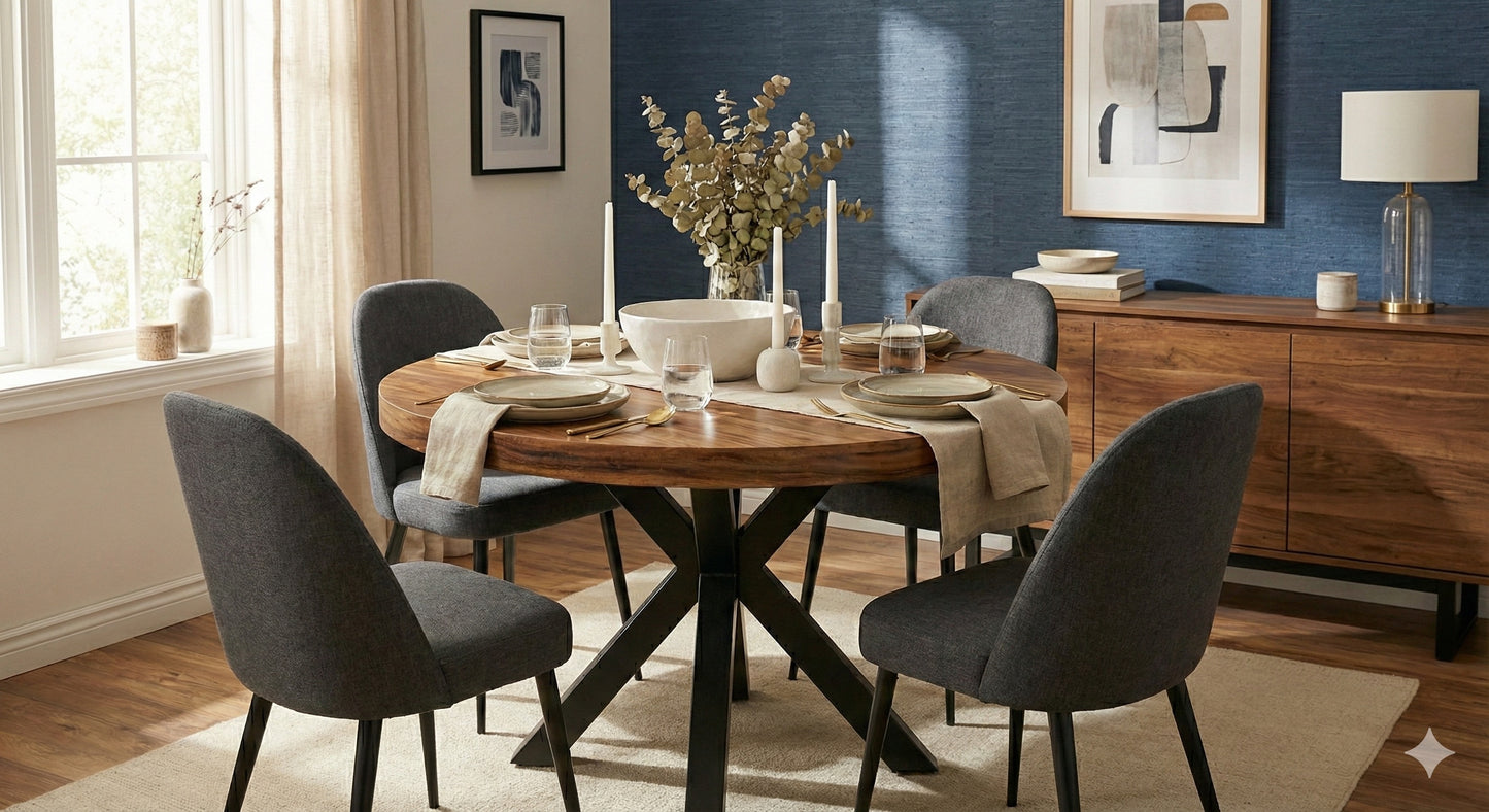 طاولة طعام خشبية صلبة من خشب الجوز/السامان ذات حافة حية مع أرجل معدنية: ارتقِ بجماليات غرفتك بأثاث أنيق على الطراز الريفي