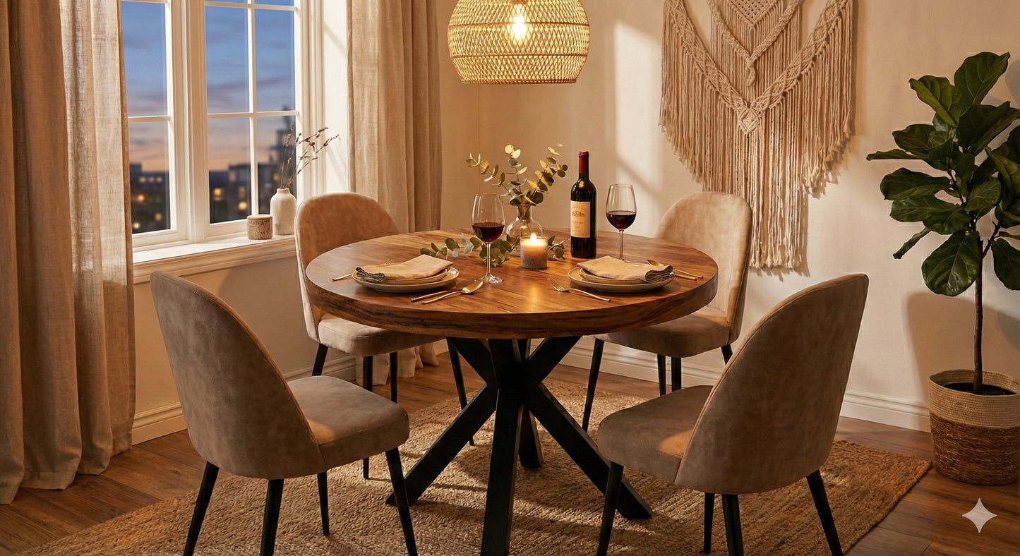 طاولة طعام خشبية صلبة من خشب الجوز/السامان ذات حافة حية مع أرجل معدنية: ارتقِ بجماليات غرفتك بأثاث أنيق على الطراز الريفي