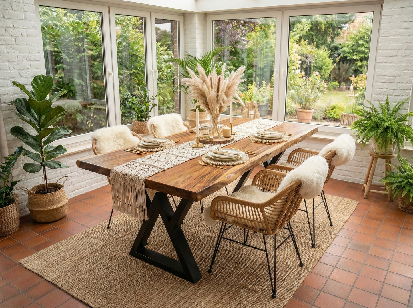 طاولة طعام كبيرة من الخشب الصلب بحافة حية - خشب سامان مع لمسة نهائية من البولي يوريثين، أرجل معدنية سوداء - مثالية للمنزل أو المطعم