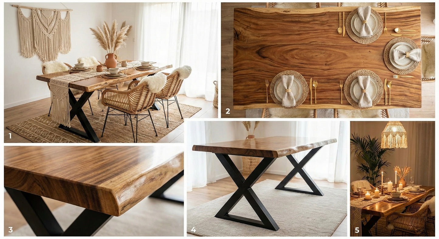 طاولة طعام كبيرة من الخشب الصلب بحافة حية - خشب سامان مع لمسة نهائية من البولي يوريثين، أرجل معدنية سوداء - مثالية للمنزل أو المطعم