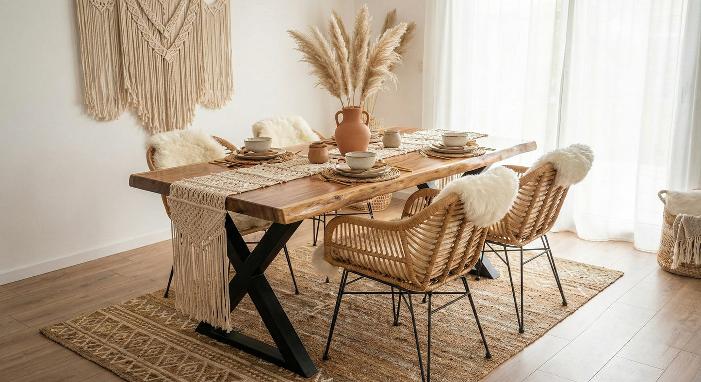 طاولة طعام كبيرة من الخشب الصلب بحافة حية - خشب سامان مع لمسة نهائية من البولي يوريثين، أرجل معدنية سوداء - مثالية للمنزل أو المطعم