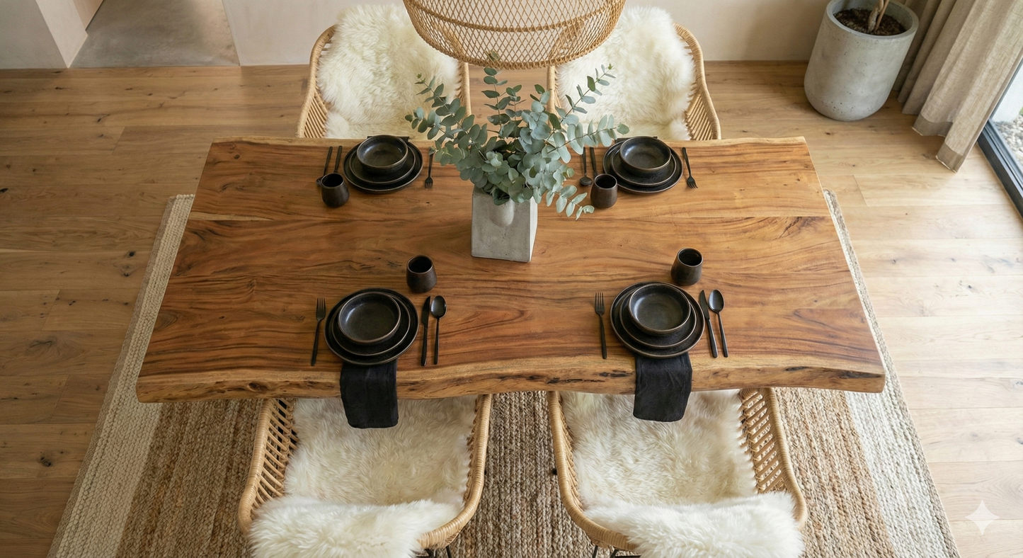 طاولة طعام كبيرة من الخشب الصلب بحافة حية - خشب سامان مع لمسة نهائية من البولي يوريثين، أرجل معدنية سوداء - مثالية للمنزل أو المطعم