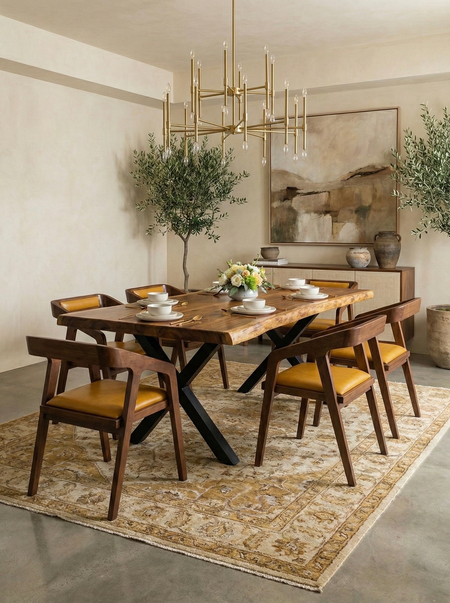 طاولة طعام كبيرة من الخشب الصلب بحافة حية - خشب سامان مع لمسة نهائية من البولي يوريثين، أرجل معدنية سوداء - مثالية للمنزل أو المطعم