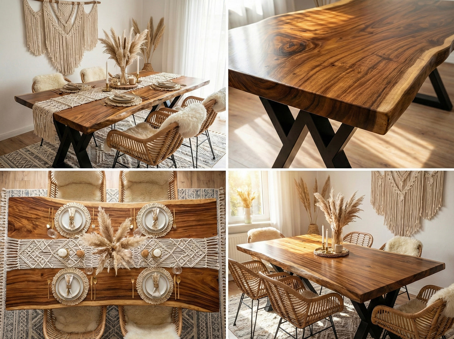 طاولة طعام كبيرة من الخشب الصلب بحافة حية - خشب سامان مع لمسة نهائية من البولي يوريثين، أرجل معدنية سوداء - مثالية للمنزل أو المطعم