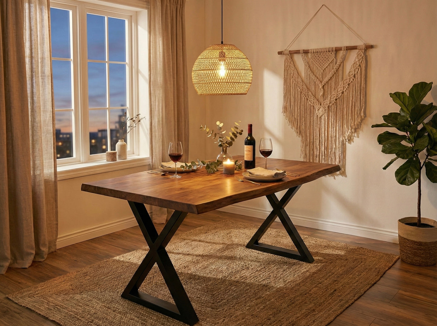 طاولة طعام كبيرة من الخشب الصلب بحافة حية - خشب سامان مع لمسة نهائية من البولي يوريثين، أرجل معدنية سوداء - مثالية للمنزل أو المطعم