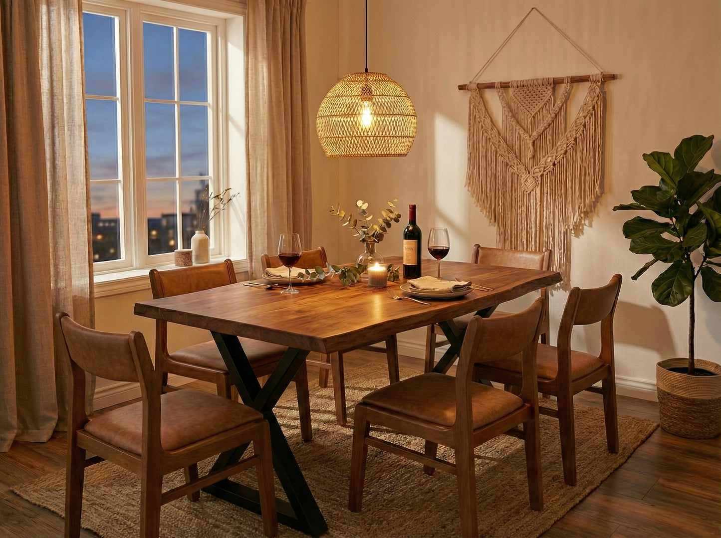 طاولة طعام كبيرة من الخشب الصلب بحافة حية - خشب سامان مع لمسة نهائية من البولي يوريثين، أرجل معدنية سوداء - مثالية للمنزل أو المطعم