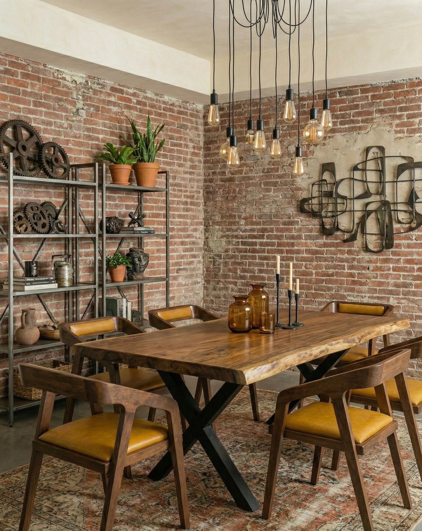 طاولة طعام كبيرة من الخشب الصلب بحافة حية - خشب سامان مع لمسة نهائية من البولي يوريثين، أرجل معدنية سوداء - مثالية للمنزل أو المطعم