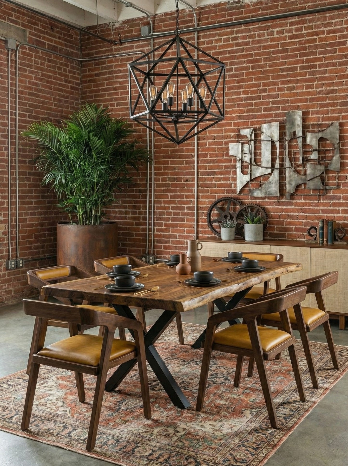 طاولة طعام كبيرة من الخشب الصلب بحافة حية - خشب سامان مع لمسة نهائية من البولي يوريثين، أرجل معدنية سوداء - مثالية للمنزل أو المطعم