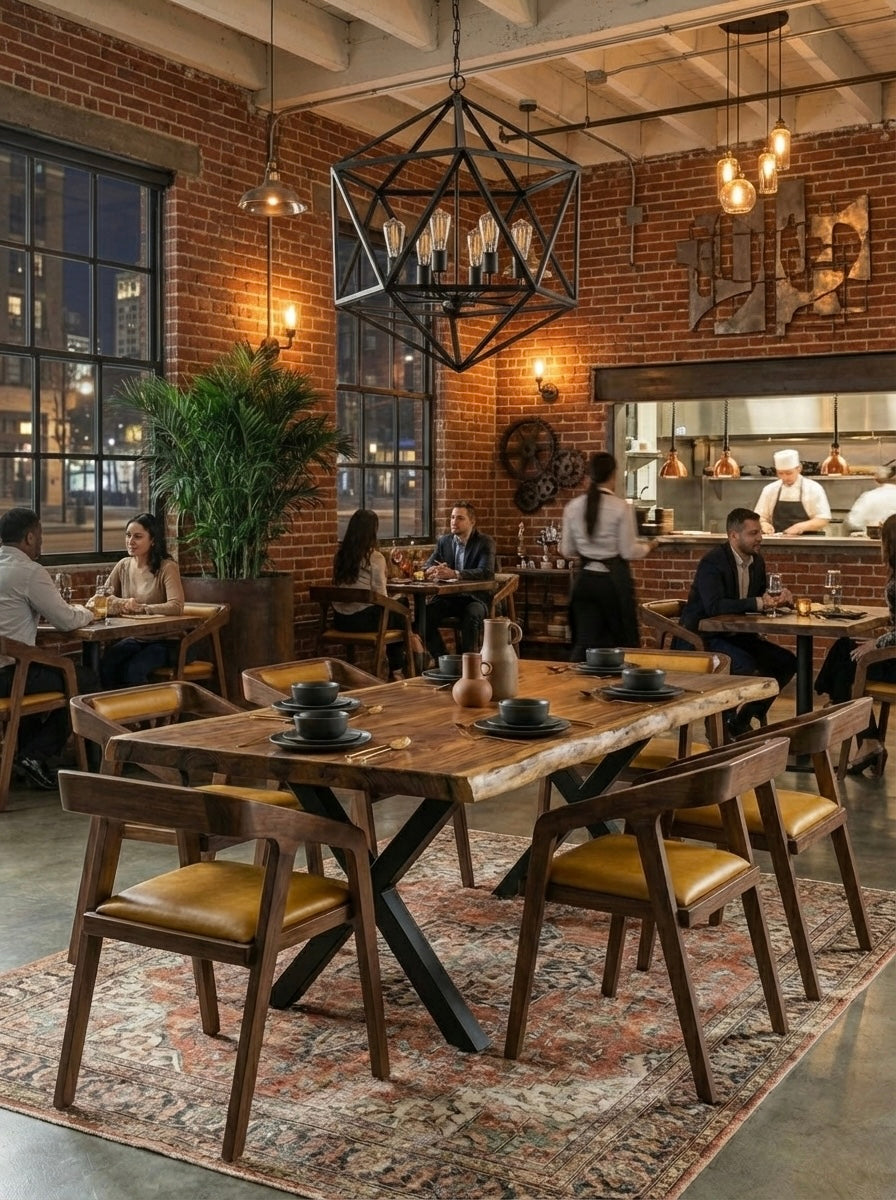 طاولة طعام كبيرة من الخشب الصلب بحافة حية - خشب سامان مع لمسة نهائية من البولي يوريثين، أرجل معدنية سوداء - مثالية للمنزل أو المطعم