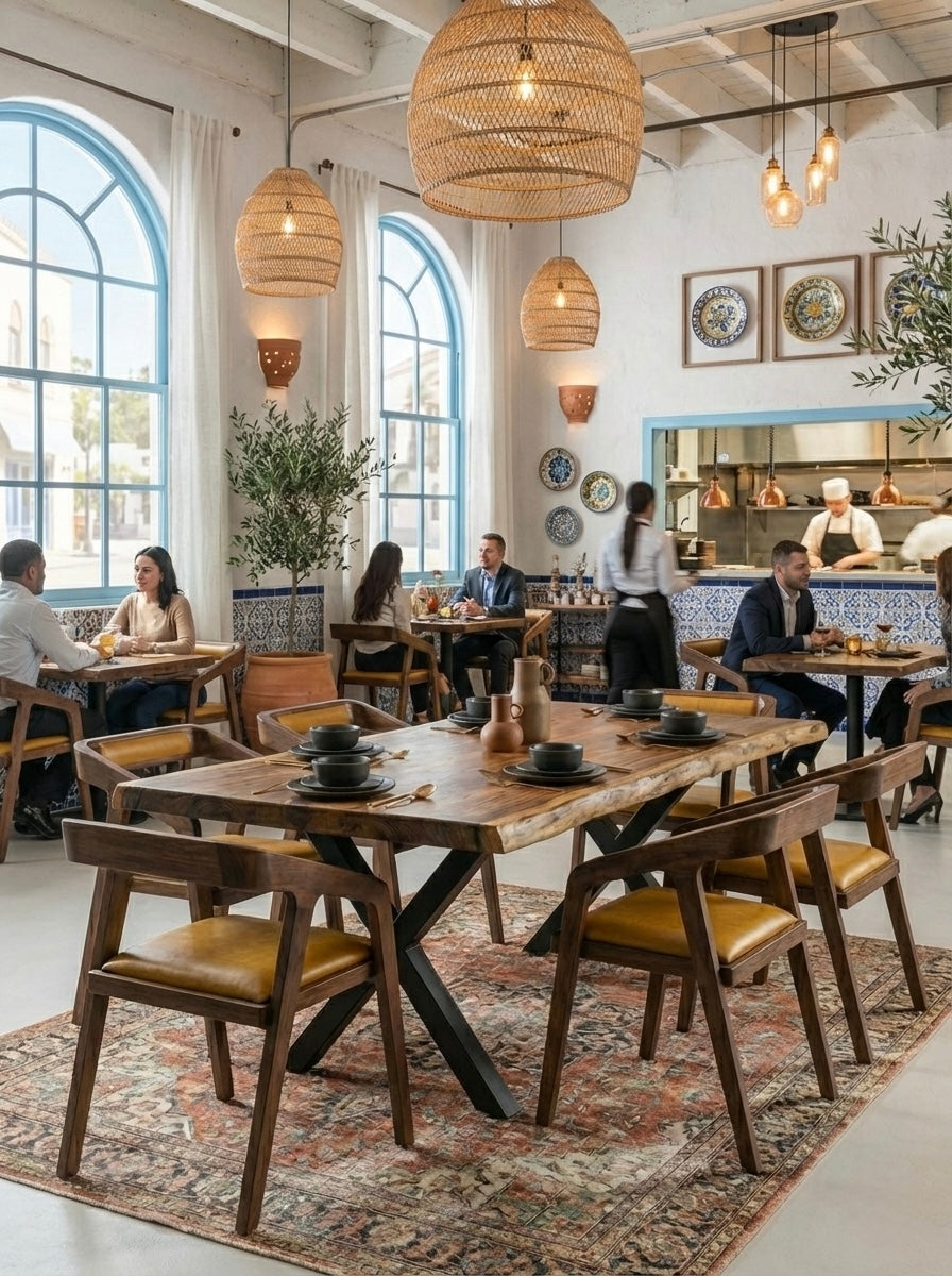 طاولة طعام كبيرة من الخشب الصلب بحافة حية - خشب سامان مع لمسة نهائية من البولي يوريثين، أرجل معدنية سوداء - مثالية للمنزل أو المطعم