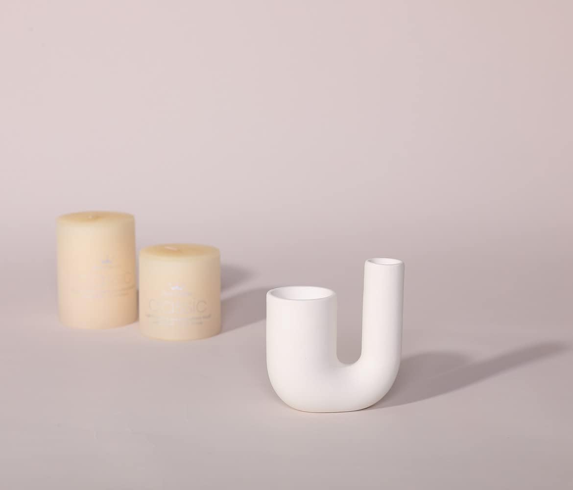 White Ceramic Candle Holder, Modern Aesthetics for Table Centerpiece and Fireplace Decor.