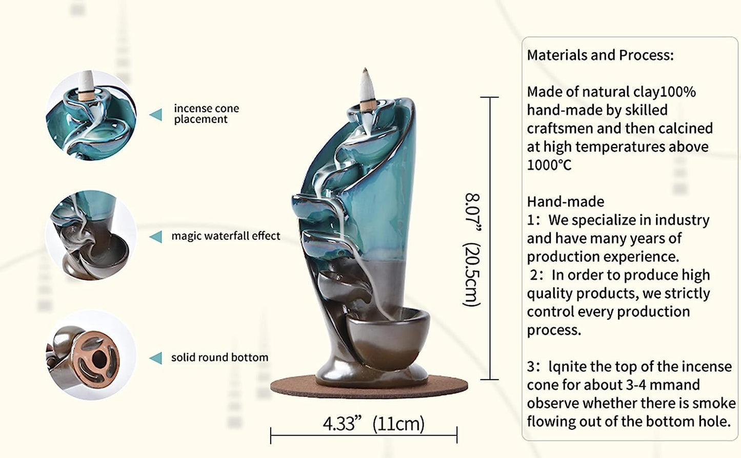 Polished Ceramic Backflow Incense Burner, Tranquil Incense Holder Waterfall.