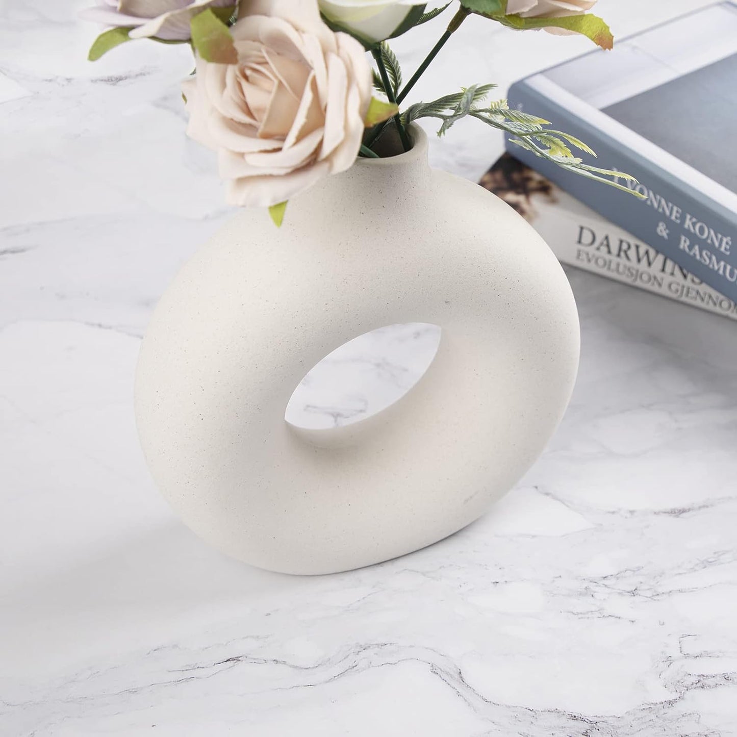 White Circular Ceramic Vase  Stylish Table Centerpiece for Home Decor.