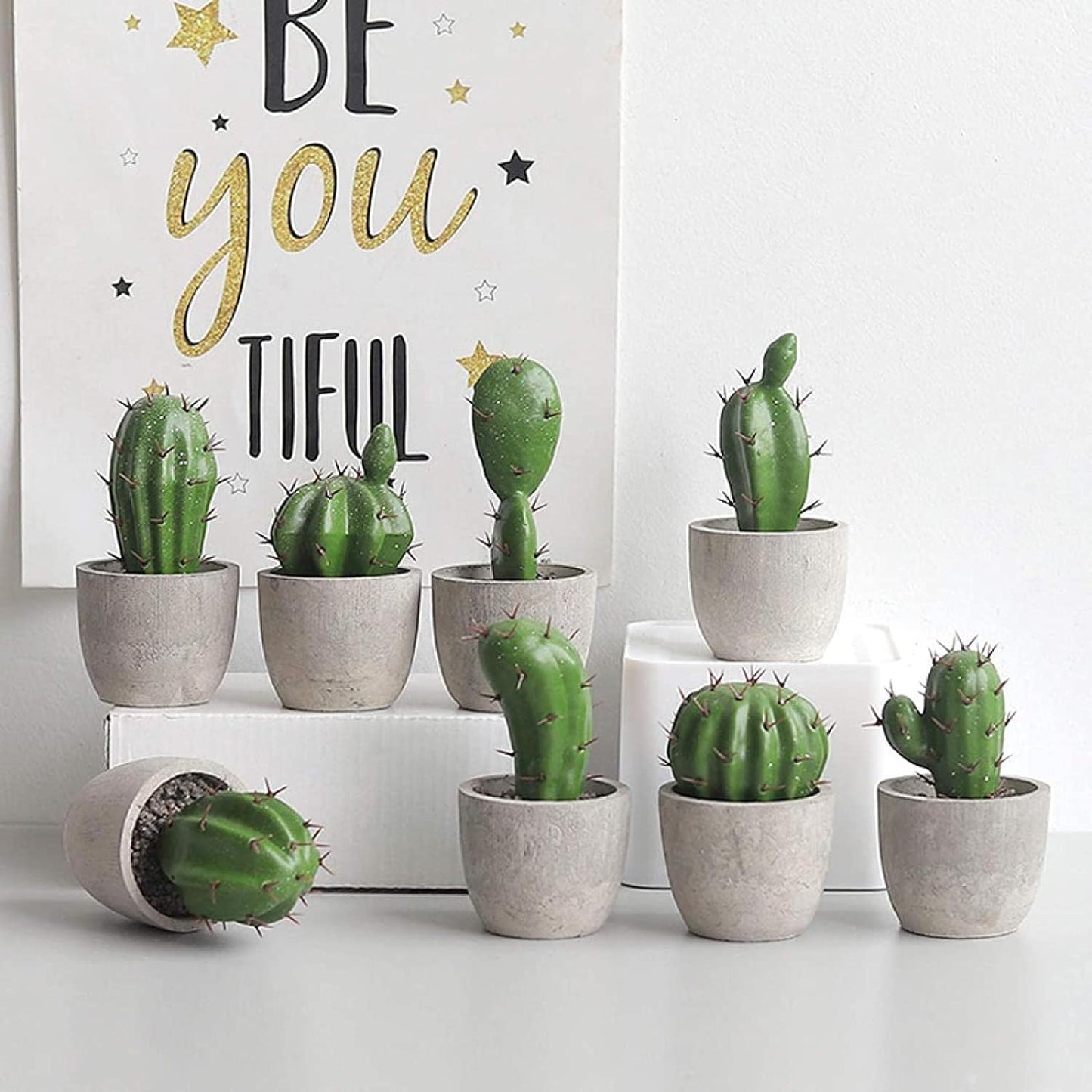 Cactus statue, Artificial Potted Cactus Plants with Ceramic Pot, Nordic Inspired Desk Decor.