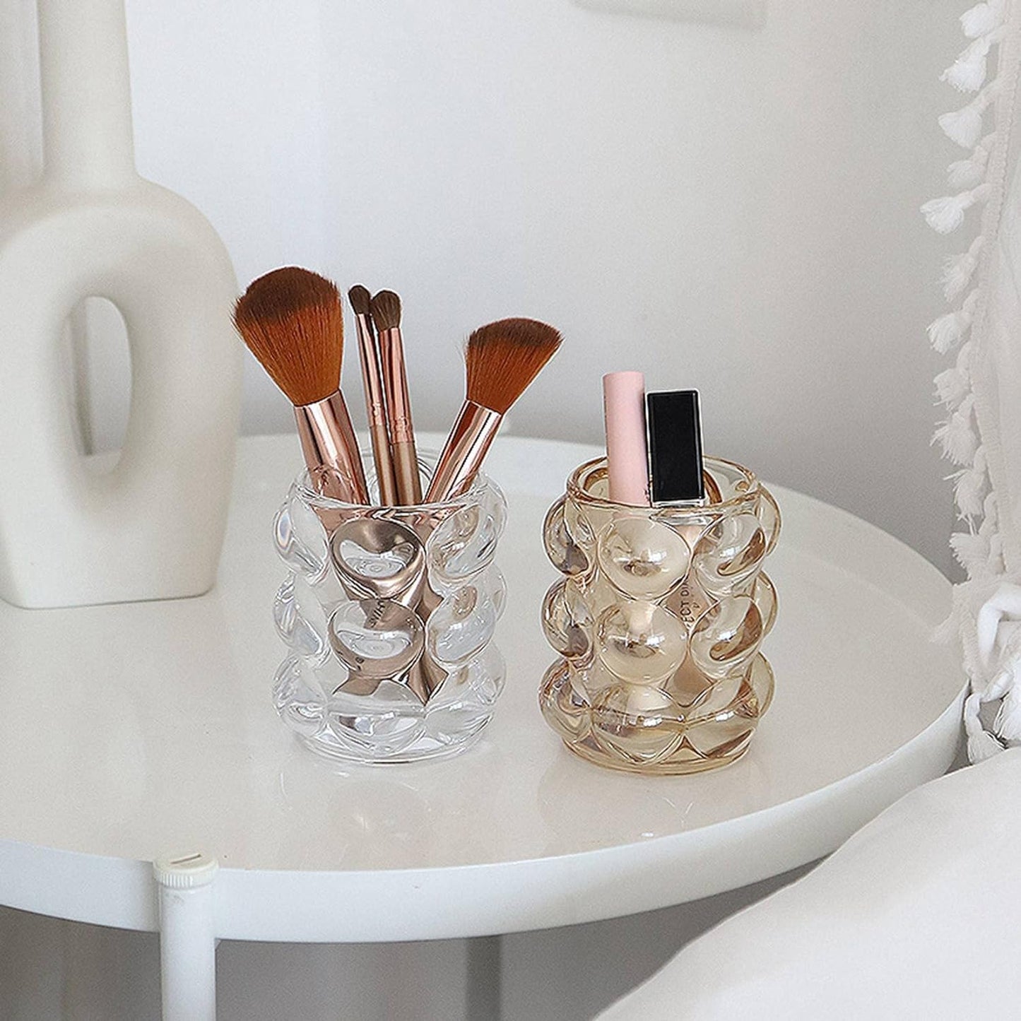 Amber Glass Organizer; Stylish Storage Solution for Office, Home, and Makeup Essentials.