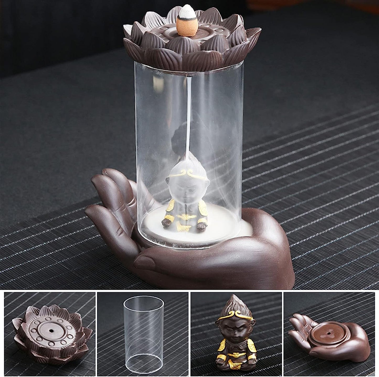 Ceramic Backflow Incense Holder, Handmade Burner with Illuminating LED Lights.