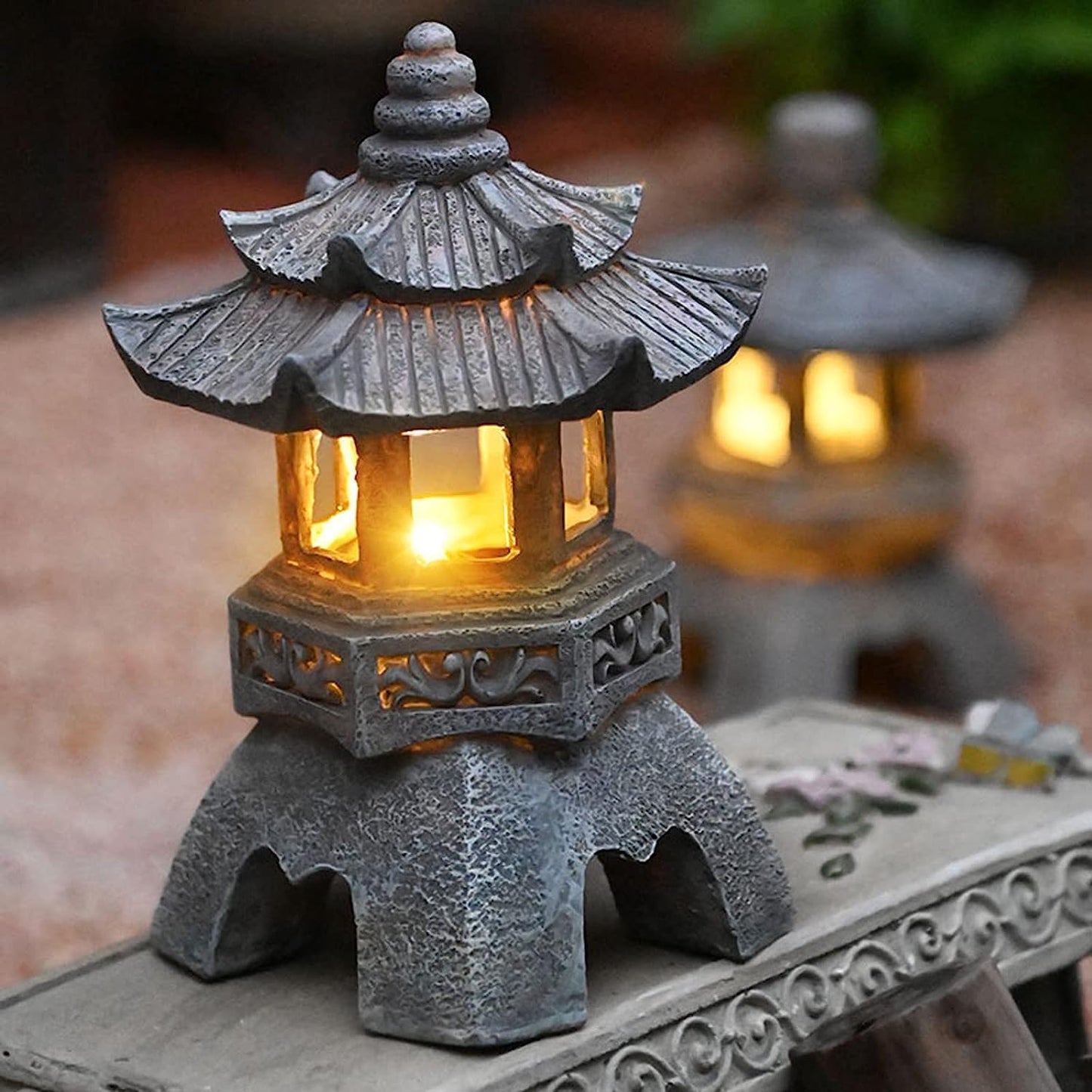 Solar Zen Pagoda Lantern, Authentic Japanese Garden Ornament for decor.