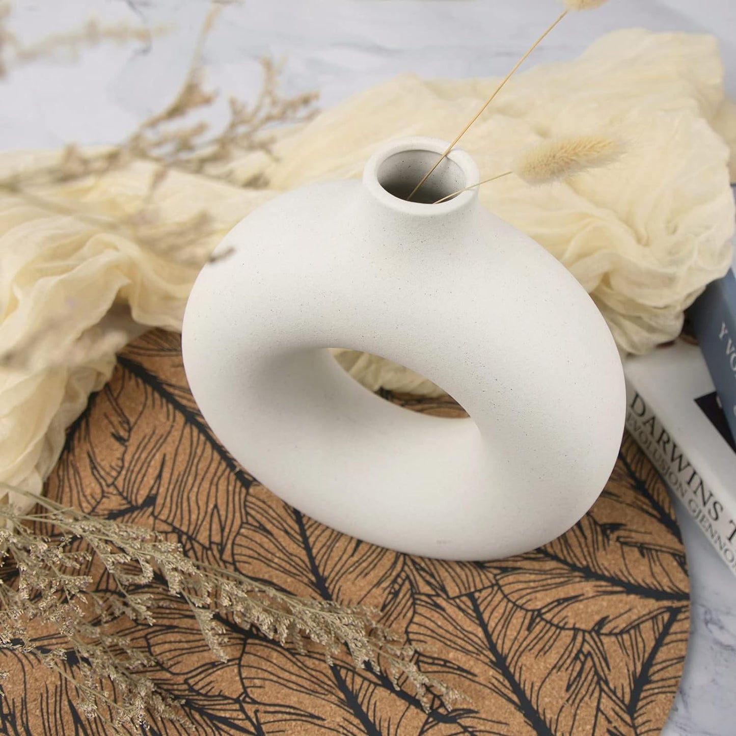 White Circular Ceramic Vase  Stylish Table Centerpiece for Home Decor.