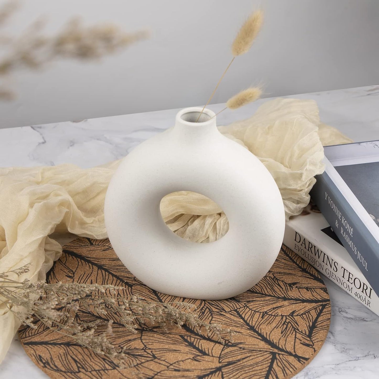 White Circular Ceramic Vase  Stylish Table Centerpiece for Home Decor.